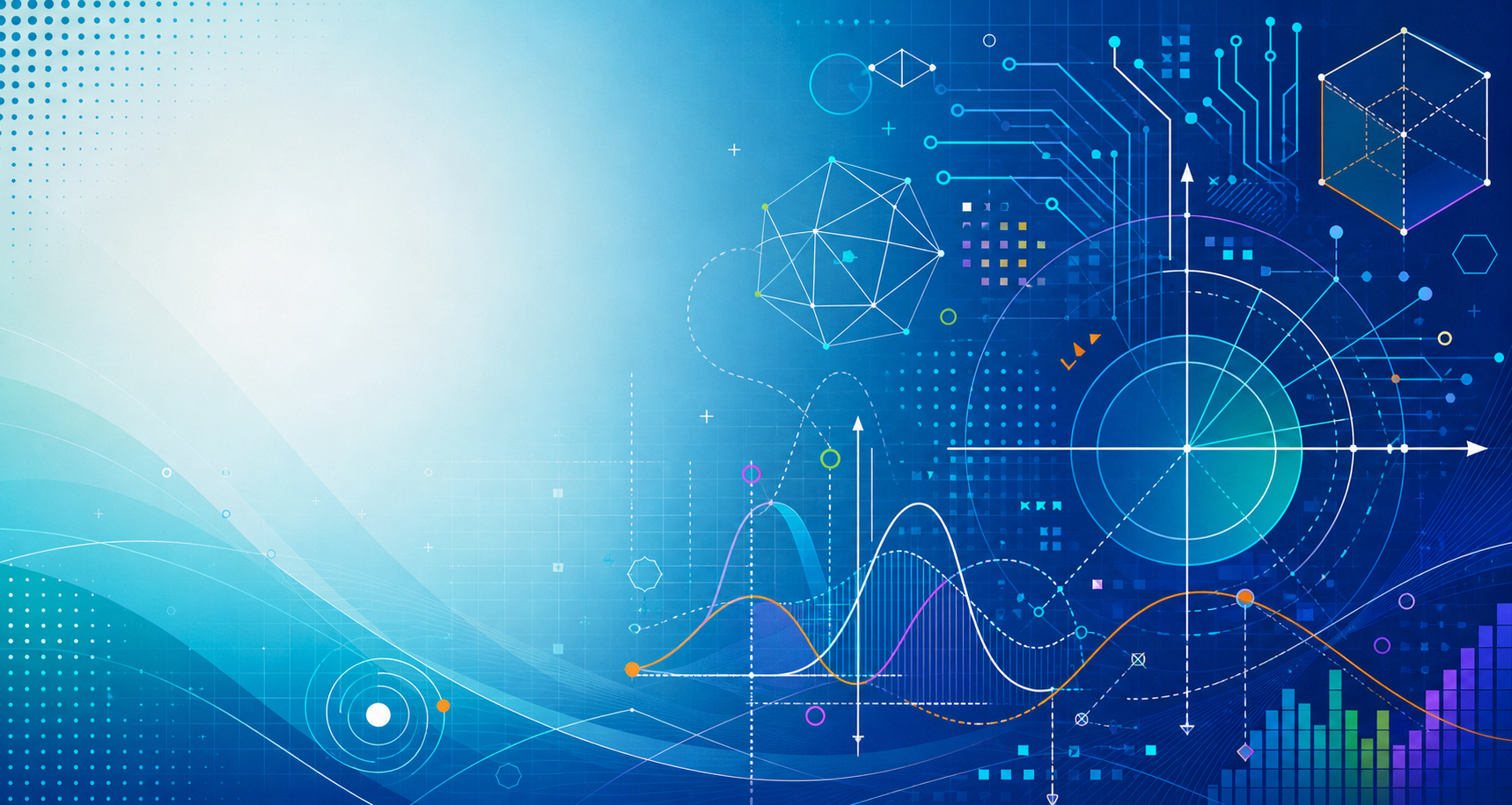 Abstract mathematics and AI background with geometric diagrams, graphs and digital patterns.