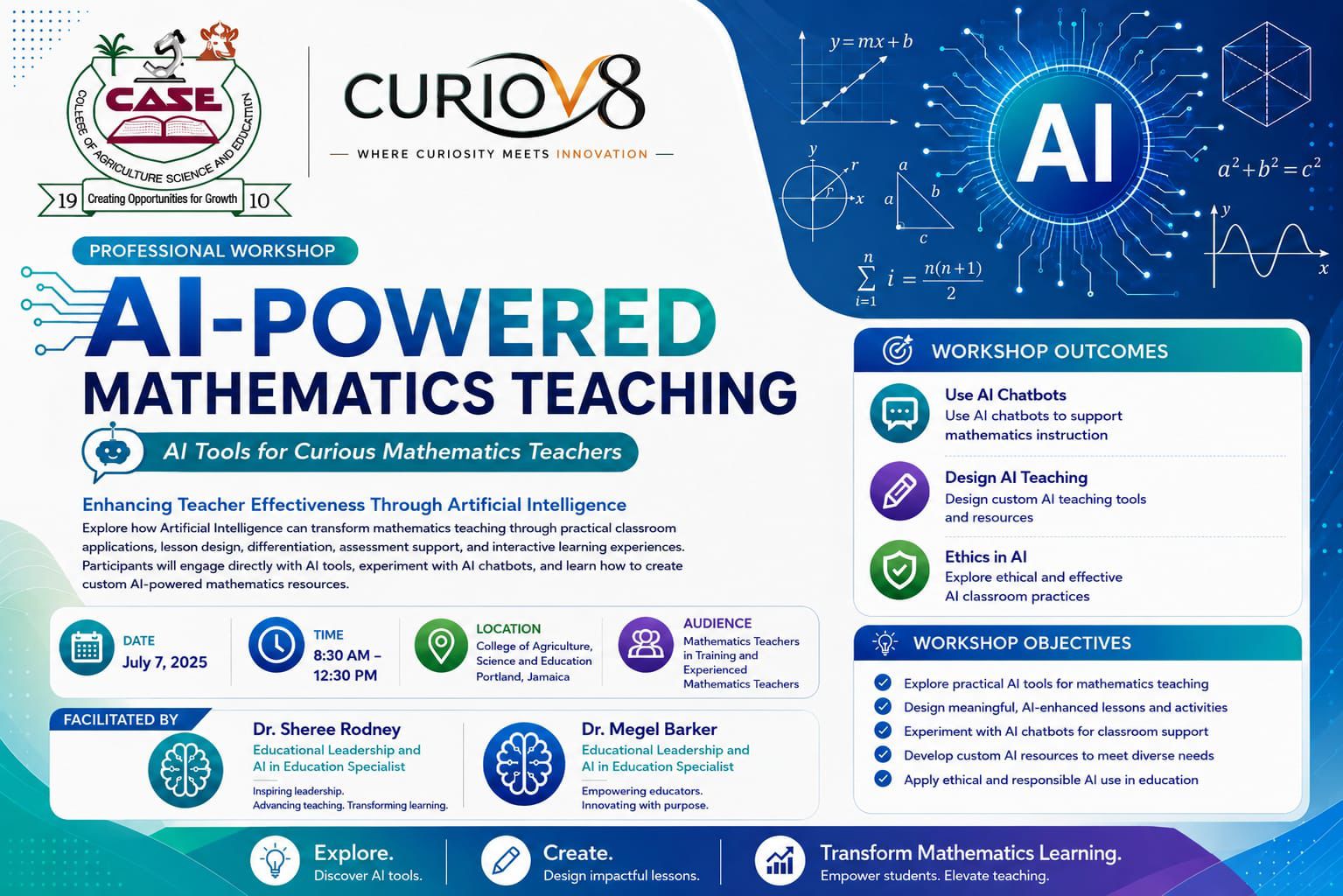 Flyer for the AI-Powered Mathematics Teaching professional workshop by CURIOV8 and CASE.